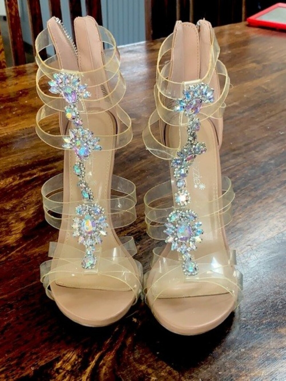 Shoe Dazzle Crystal-Embellished Nude Strappy Heels - Size 9.5 - NWT
